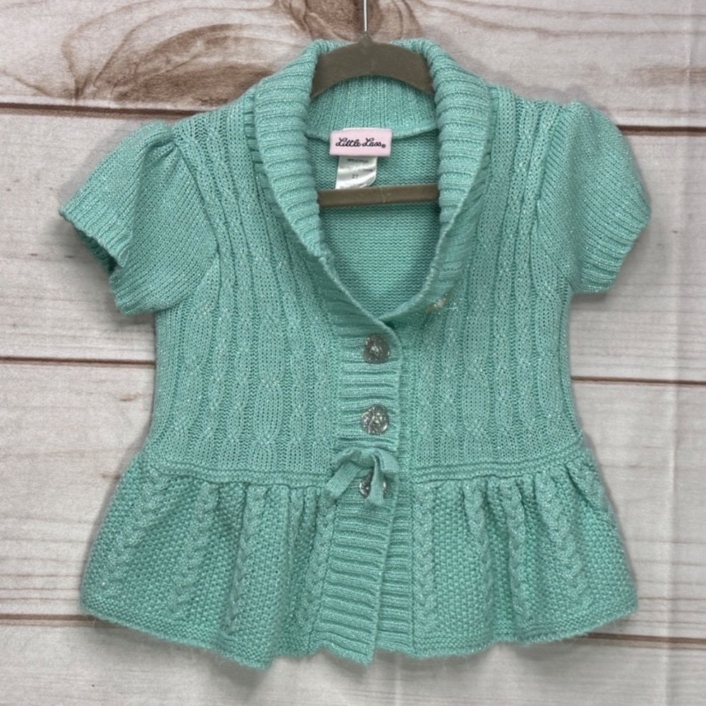 Little Lass Cardigan Toddler Girls 2T Mint Green Excellent Shimmer Peplum Knit